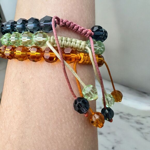 Glass Crystal Earth tone Green Orange Midnight Blue Pull Bracelet Stack 3pcs - Picture 3 of 3